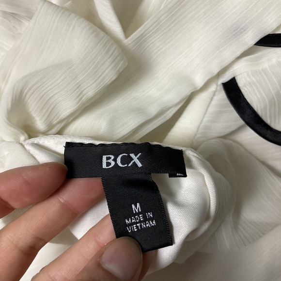 M Ruffle ruffles tie bow ribbed chiffon halter high neck blouse black white BCX - Picture 4 of 8